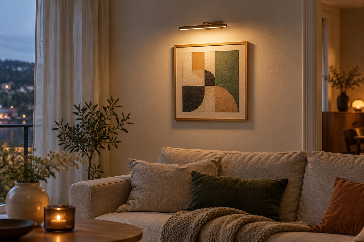 Innrammet abstrakt bilde med egen bildelampe over en sofa.