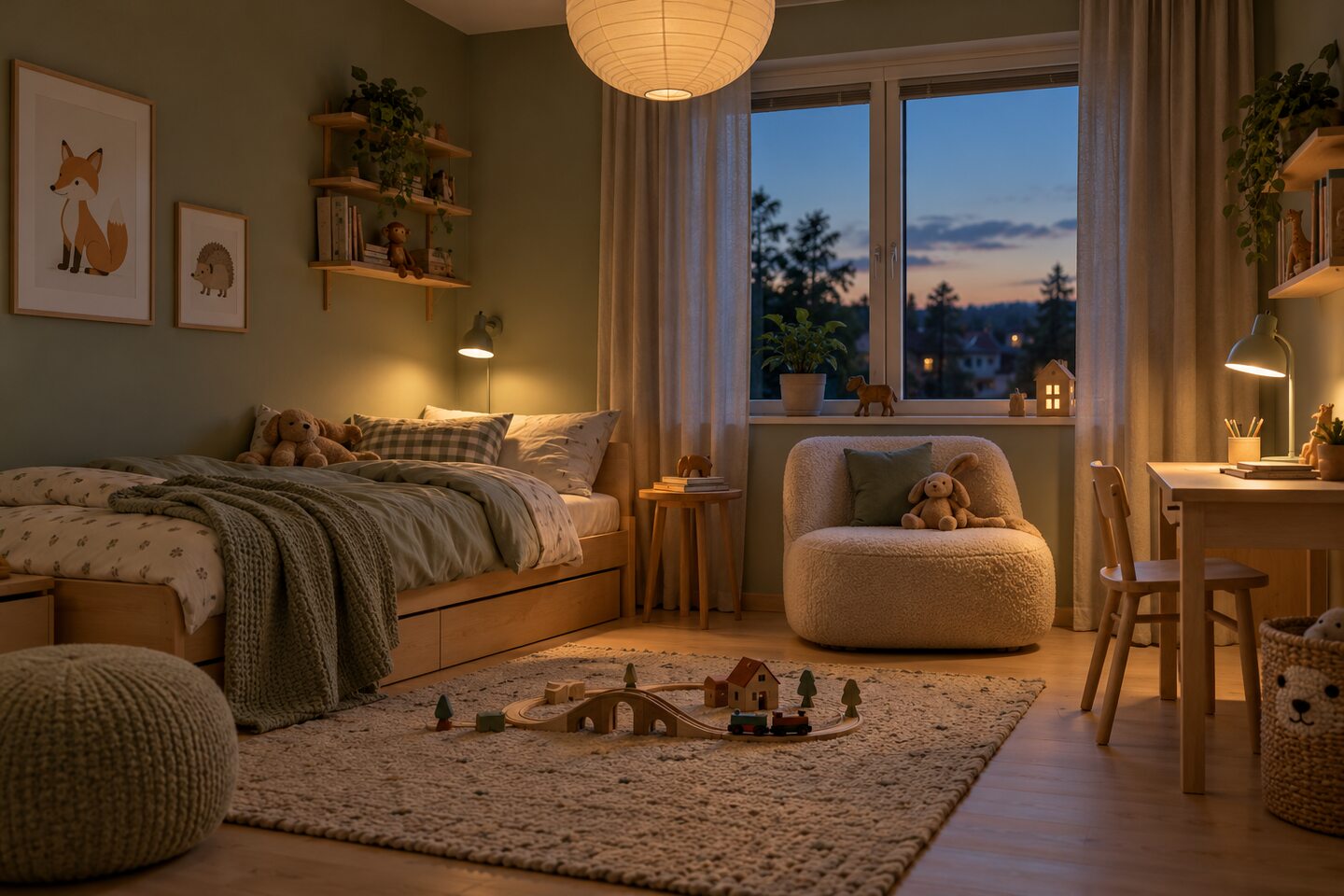 Barnerom med seng, lesekrok og skrivebord belyst av ulike lamper.