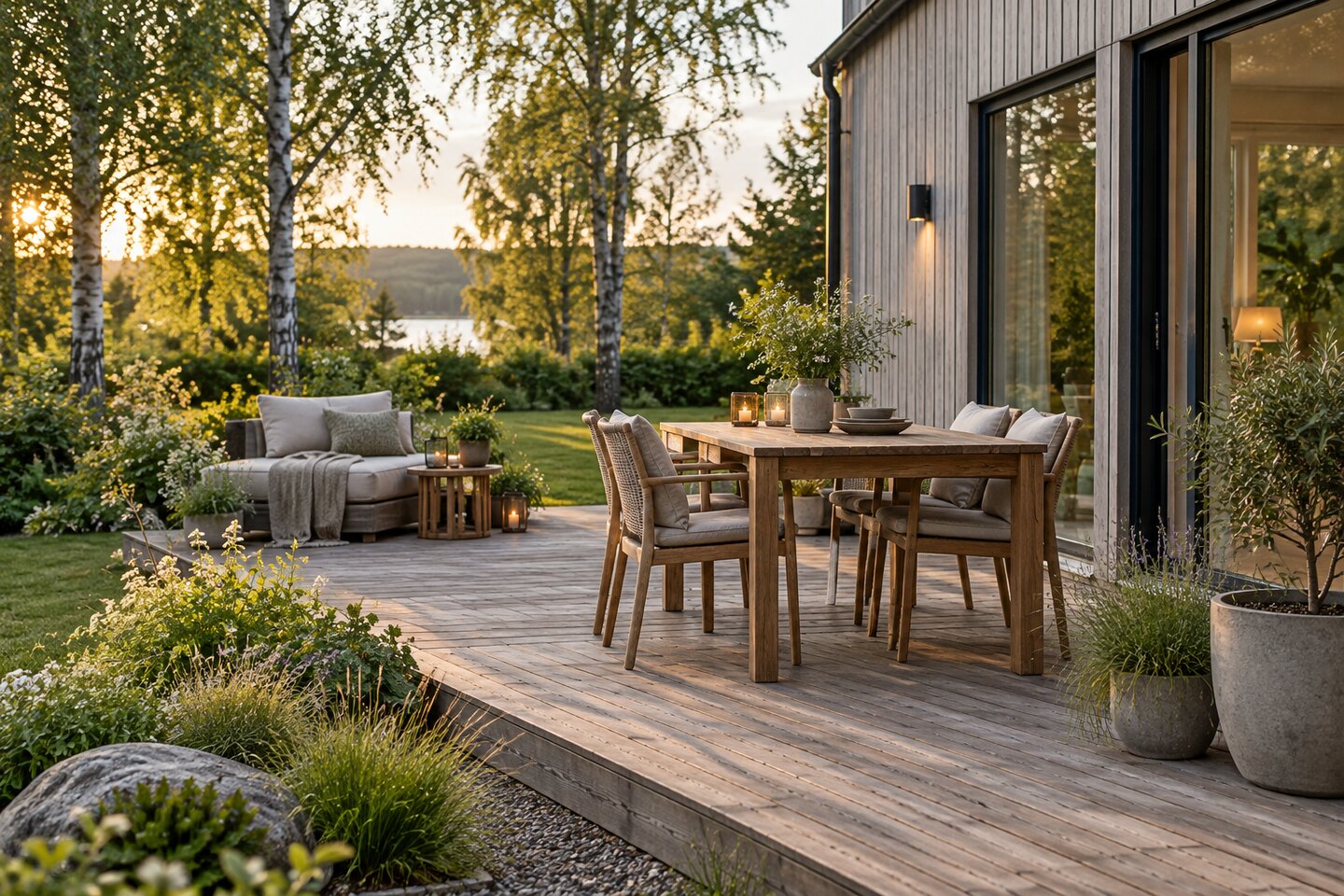 Treterrasse med spiseplass og sittegruppe ved et norsk trehus i en grønn hage.