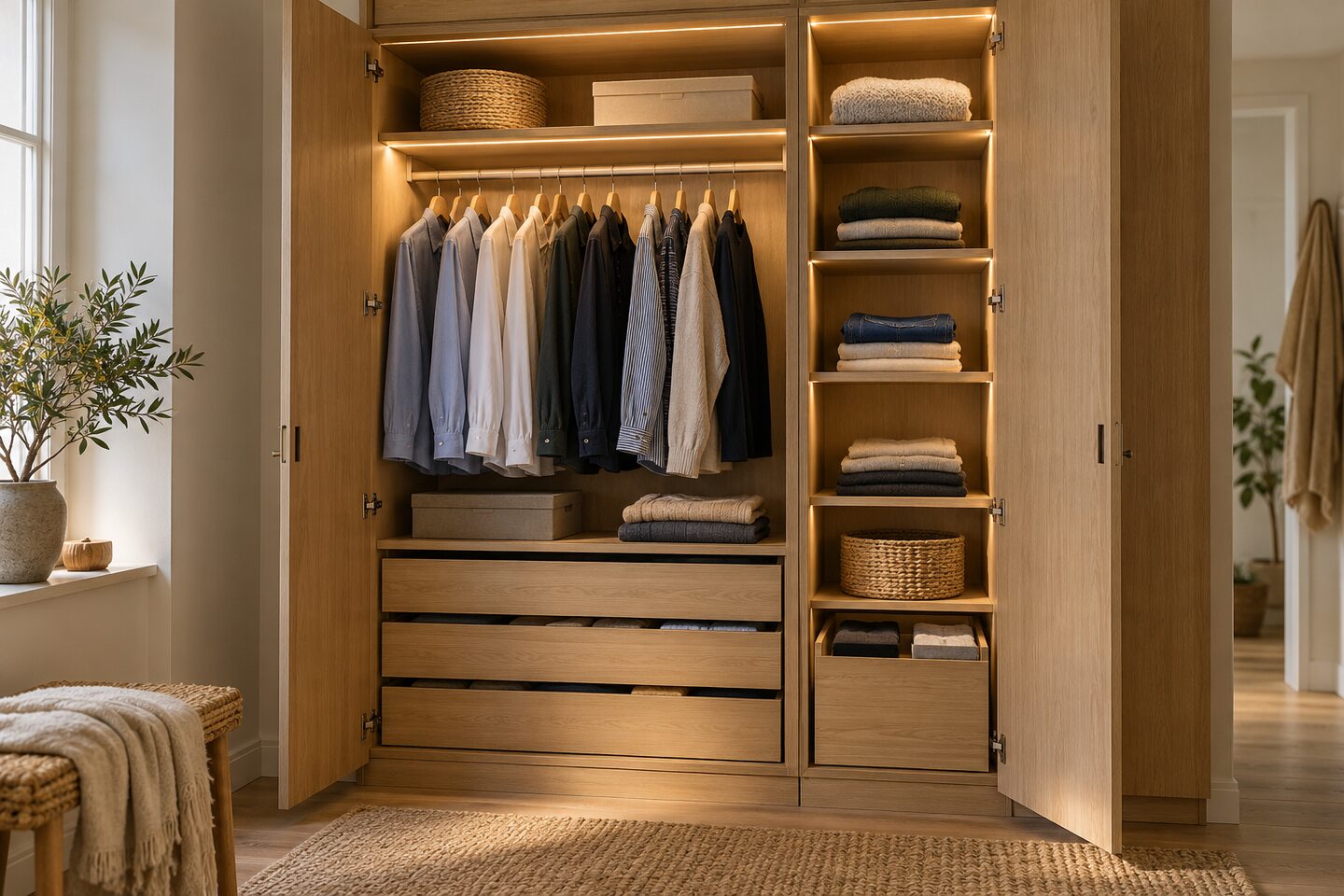 Åpen eikegarderobe med belyste hyller, hengende klær og skuffer.